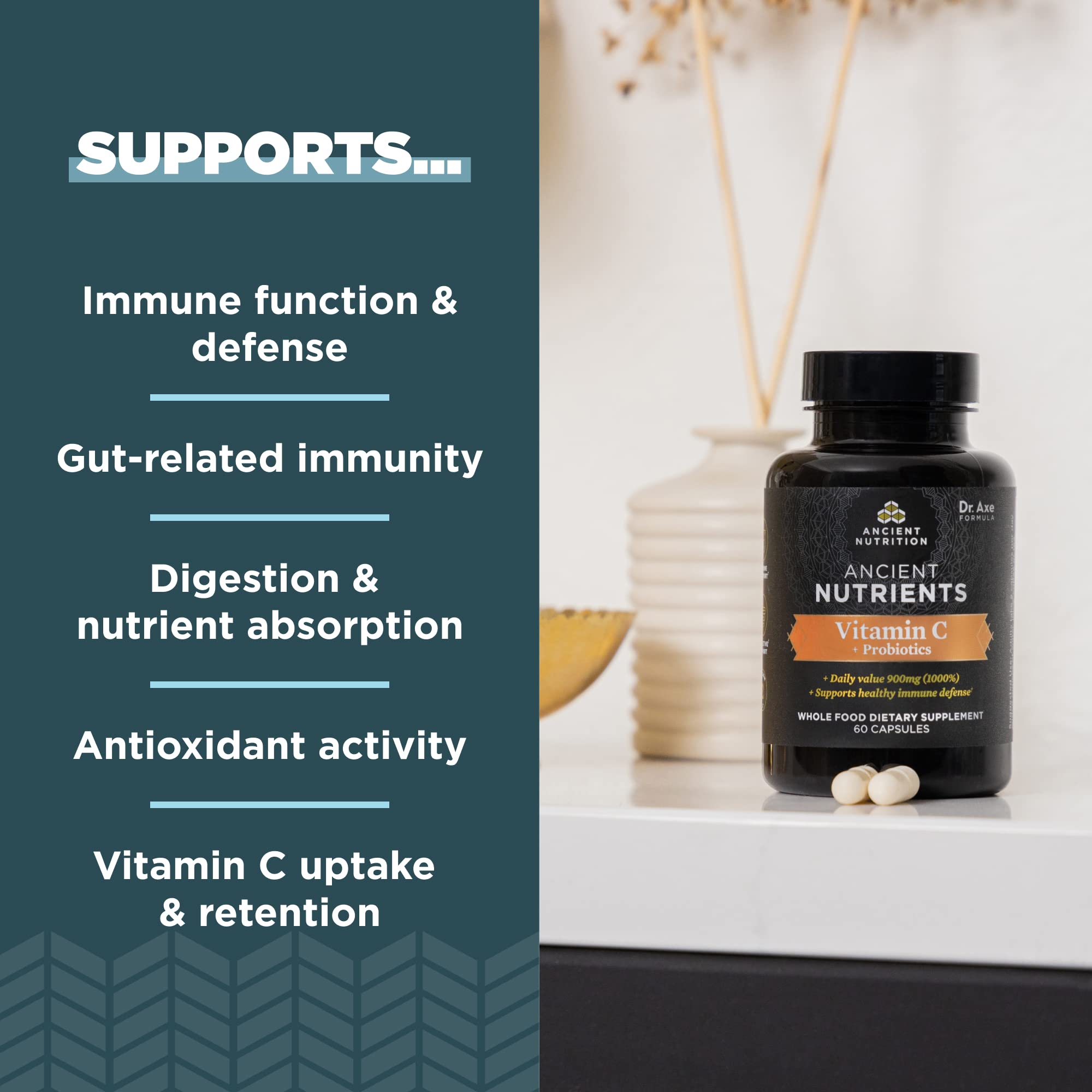 Ancient Nutrition Probiotics Vitamin C capsules closeup showing capsule texture