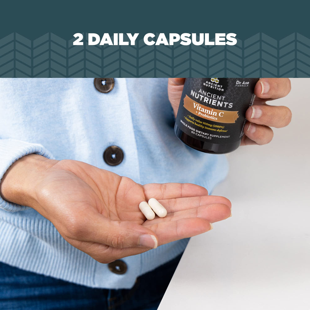Ancient Nutrition Probiotics Vitamin C on kitchen counter for daily use
