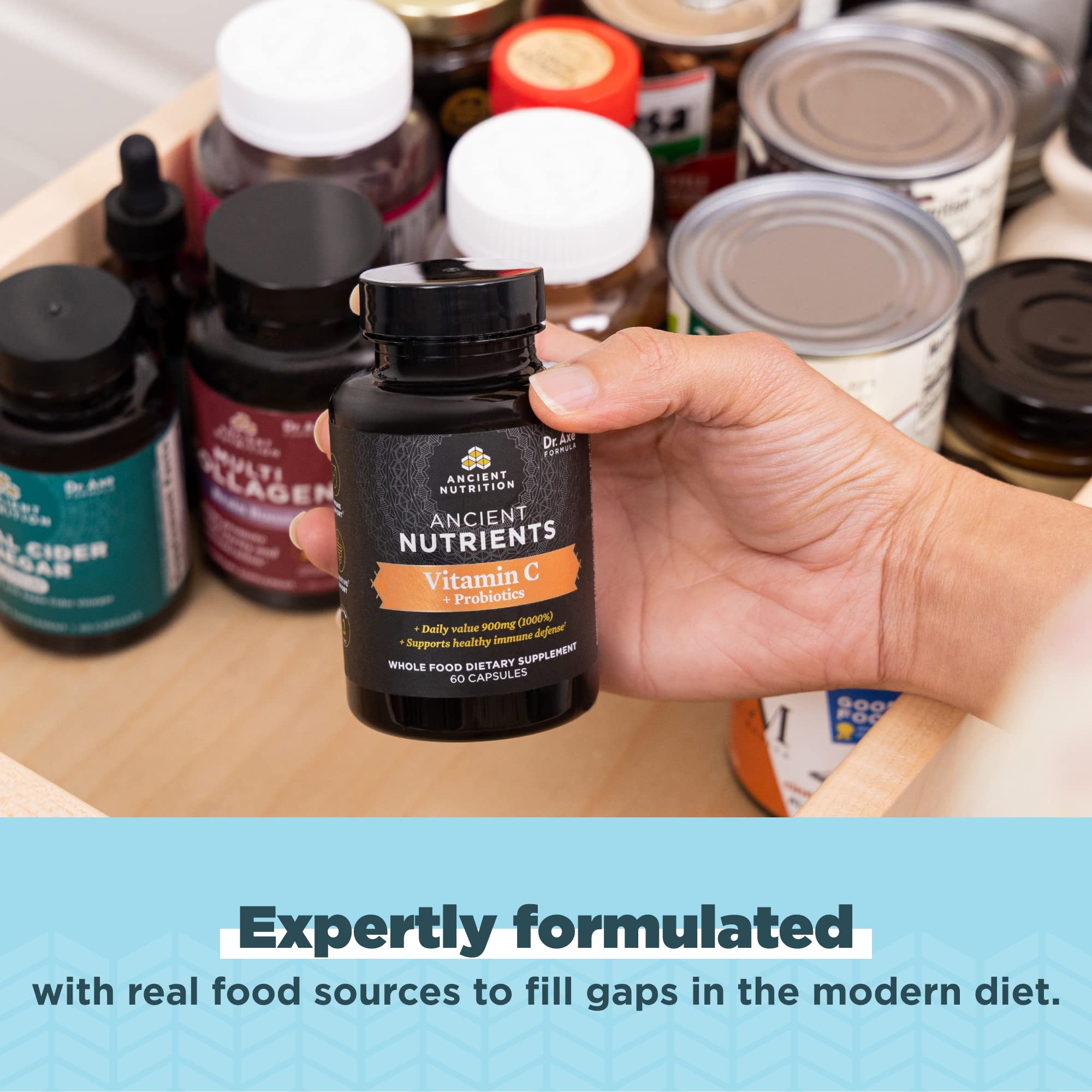 Ancient Nutrition Probiotics Vitamin C packaging on shelf for daily wellness