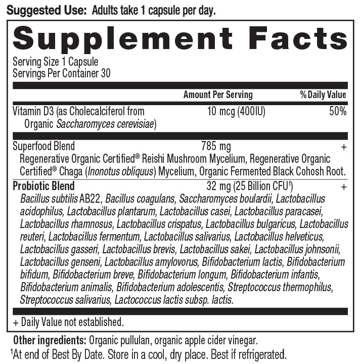 Ancient Nutrition Probiotics Women 50+ label close-up showing regenerative organic certified quality