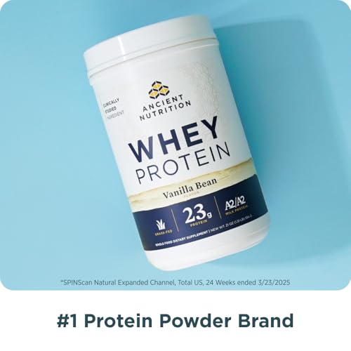 Ancient Nutrition regenerative A2/A2 milk protein vanilla tub highlighting gut-friendly protein.