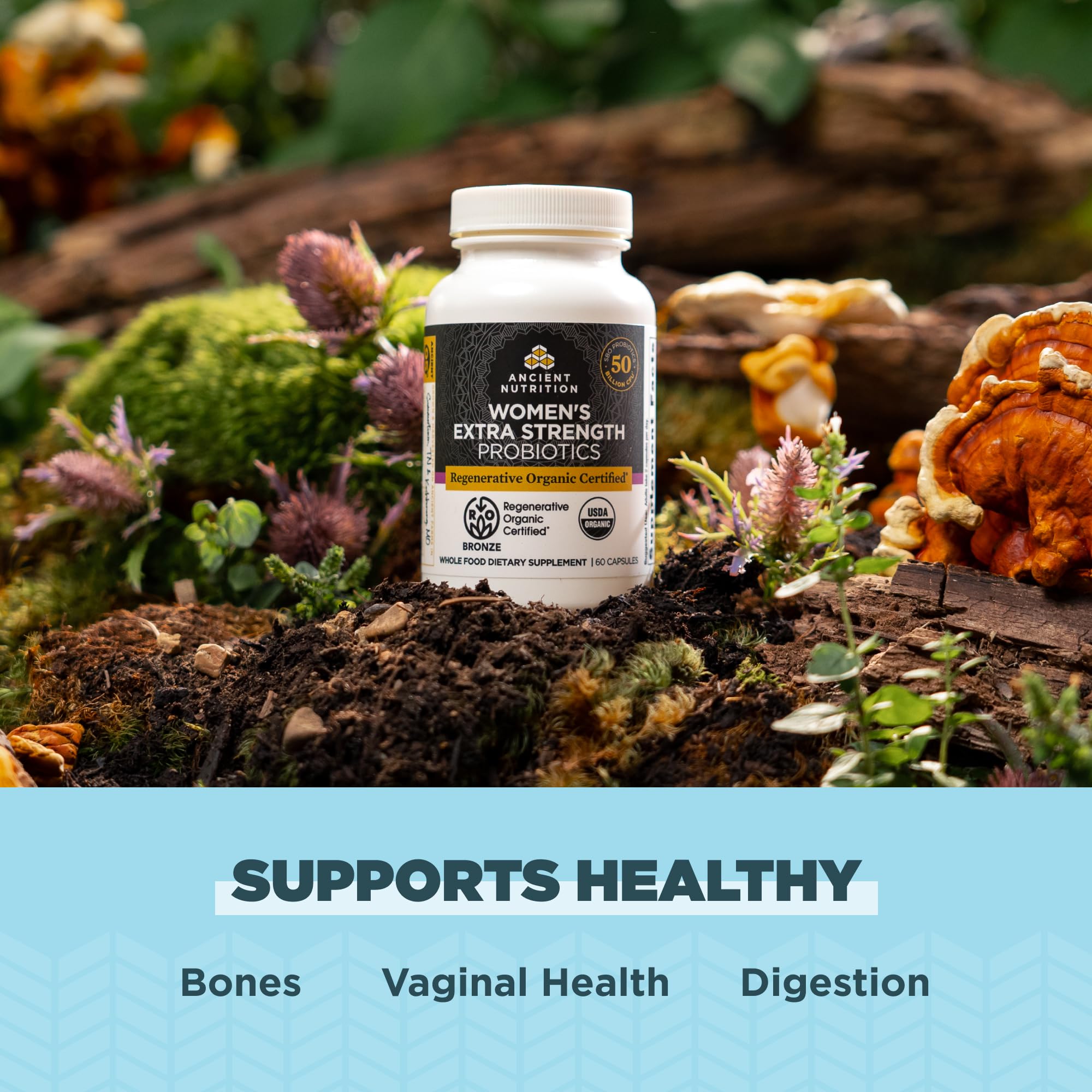 Ancient Nutrition regenerative organic-certified seal indicating sustainable sourcing.
