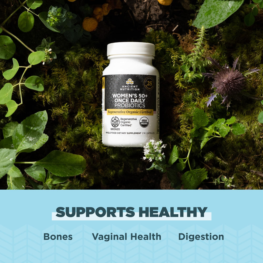 Capsules of Ancient Nutrition Probiotics Women 50+ ready for daily digestion support