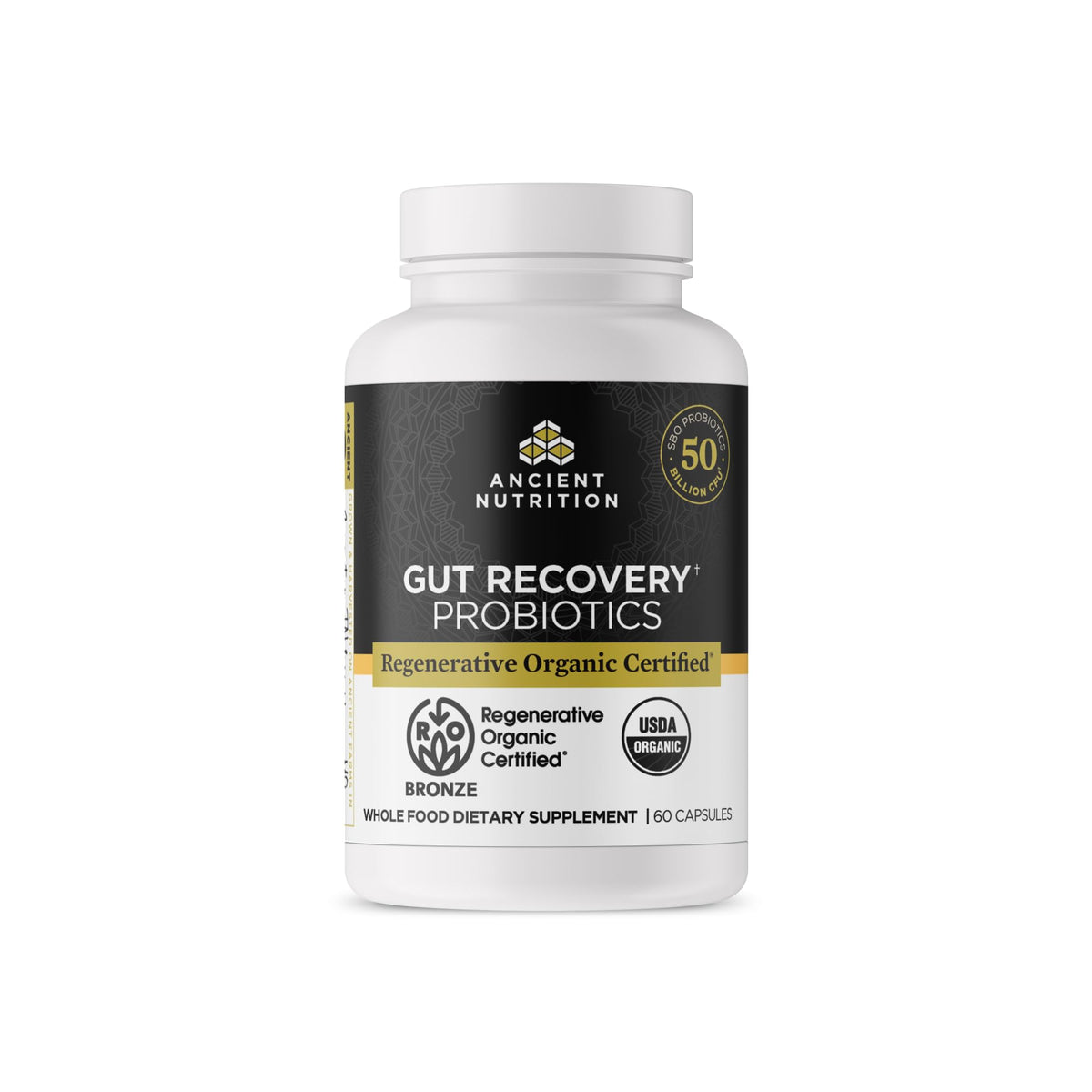 Ancient Nutrition regenerative organic probiotics bottle shows 50B CFU for gut support