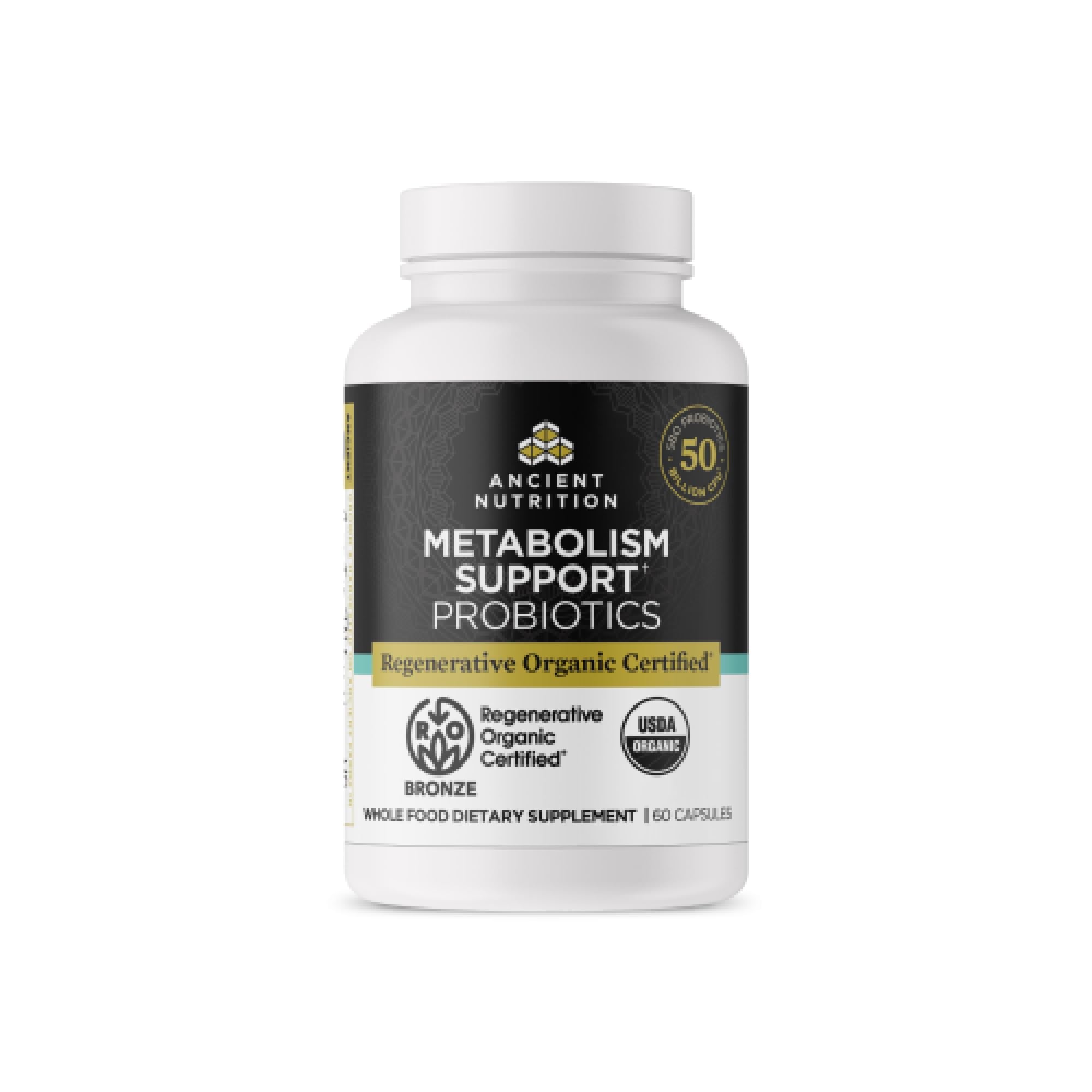Ancient Nutrition regenerative organic probiotics bottle for daily metabolism support.