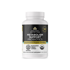 Ancient Nutrition regenerative organic probiotics bottle for daily metabolism support.