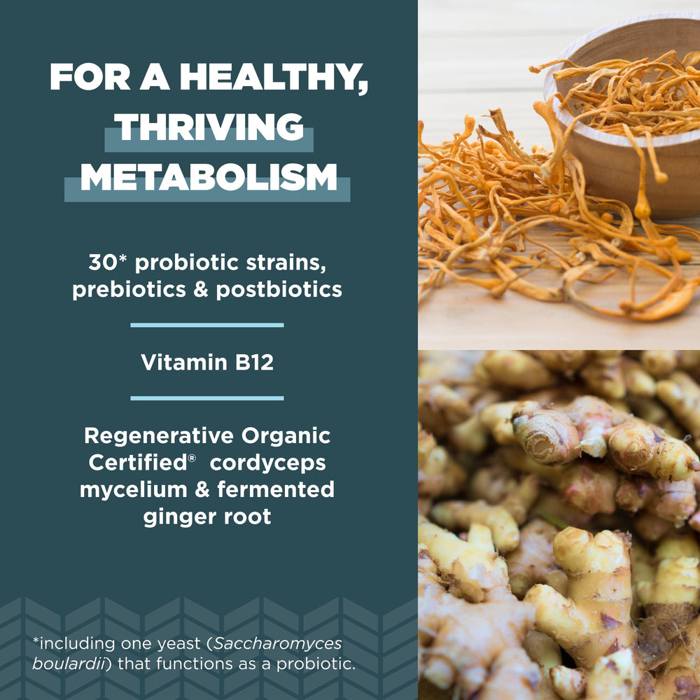 Ancient Nutrition probiotic label featuring 50B CFUs per serving.