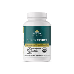 Ancient Nutrition Regenerative Organic Superfruits bottle with capsules for daily wellness.