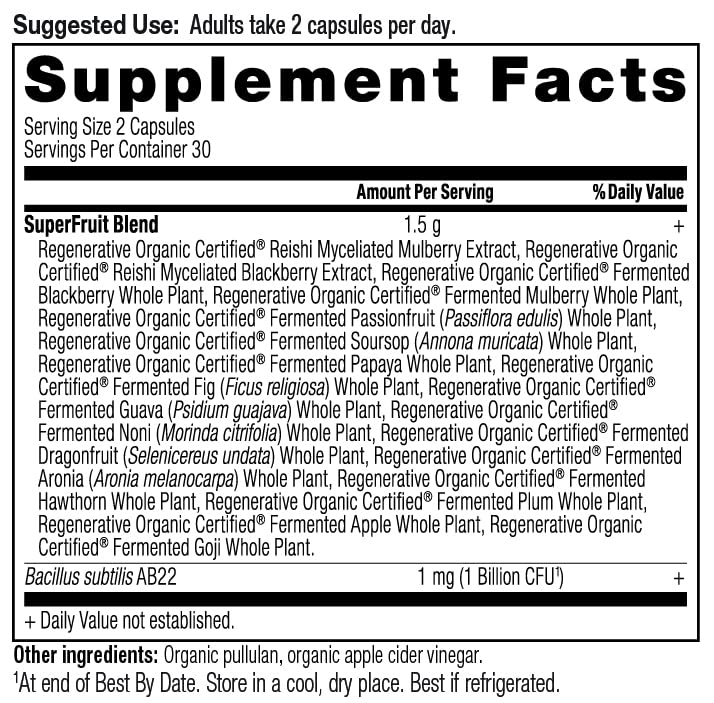 Ancient Nutrition Regenerative Organic Superfruits capsules for convenient daily support.