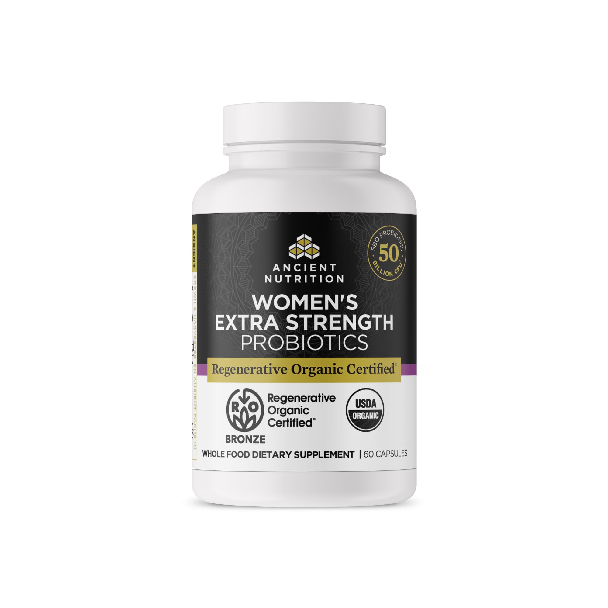 Ancient Nutrition Regenerative Organic Probiotics bottle for daily gut support.