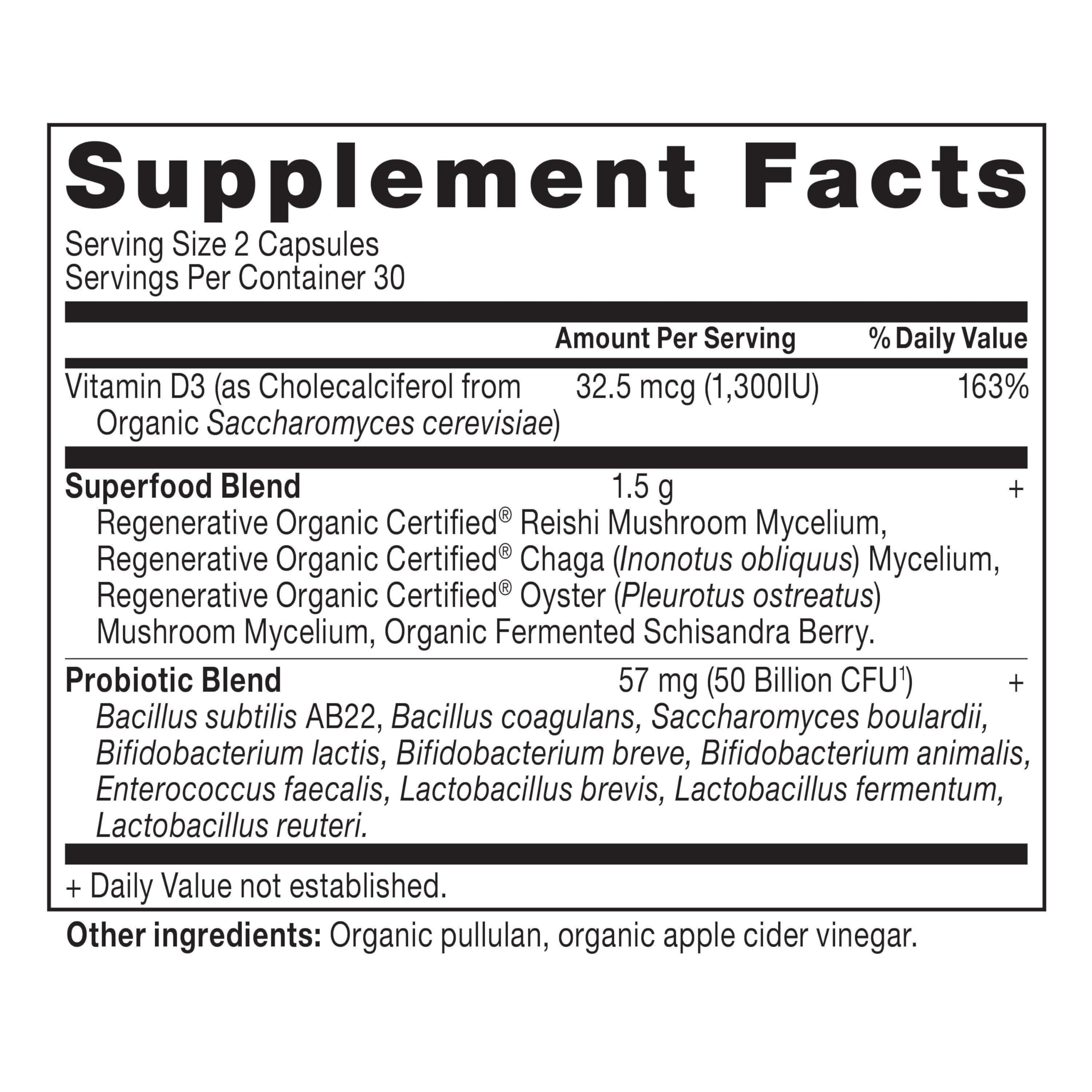 Close-up of the probiotics label highlighting ingredients and certifications.