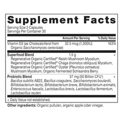 Close-up of the probiotics label highlighting ingredients and certifications.