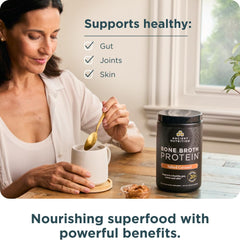 Glass of water with salted caramel protein powder from Ancient Nutrition.