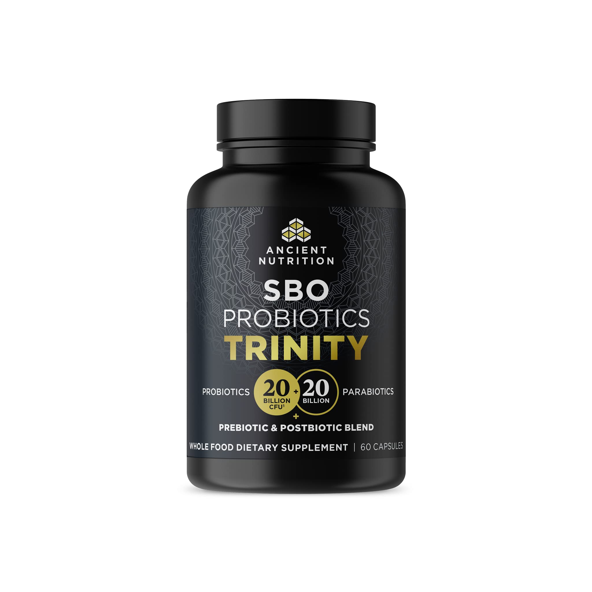 Ancient Nutrition SBO Probiotic Trinity bottle on shelf for daily digestive support.