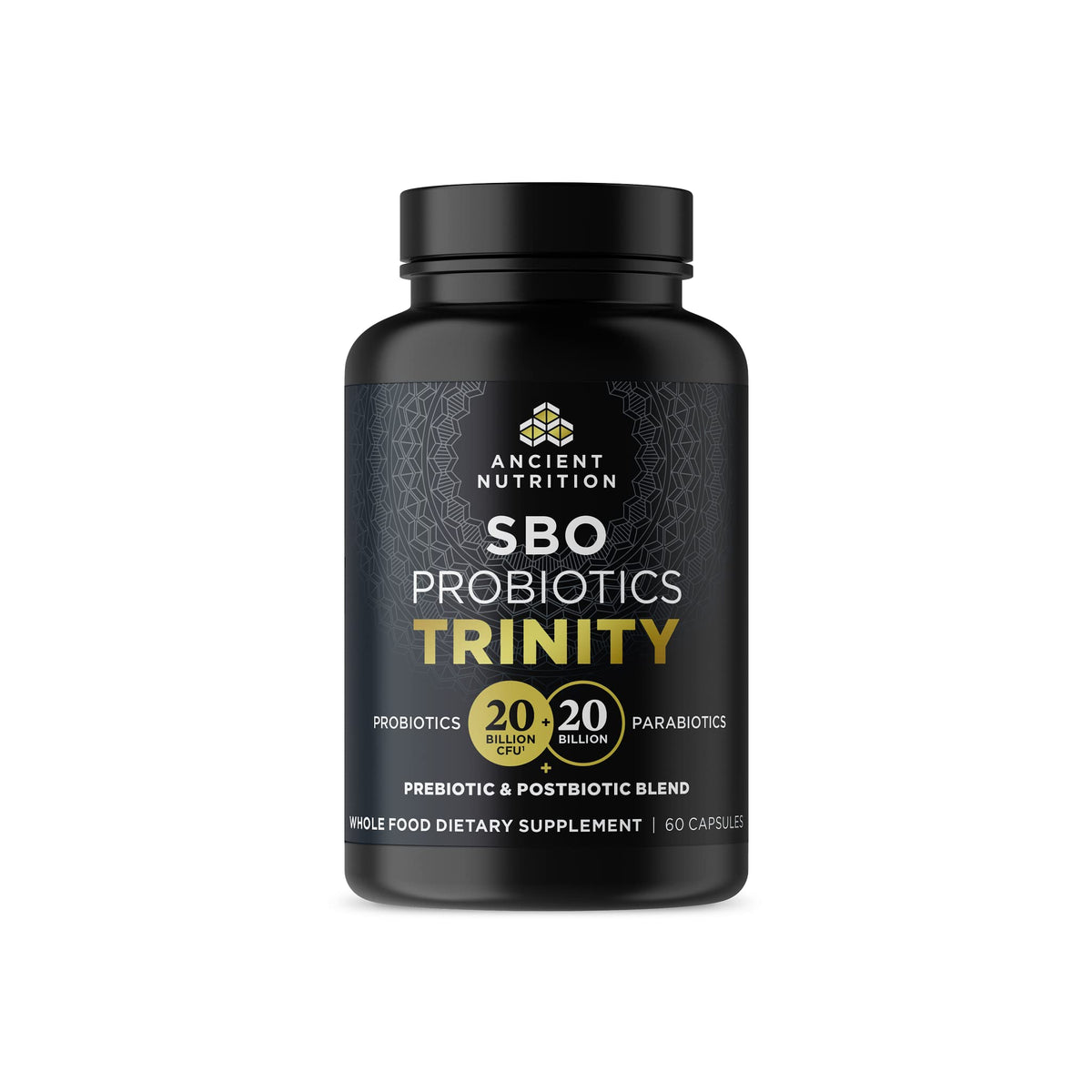 Ancient Nutrition SBO Probiotic Trinity bottle on shelf for daily digestive support.