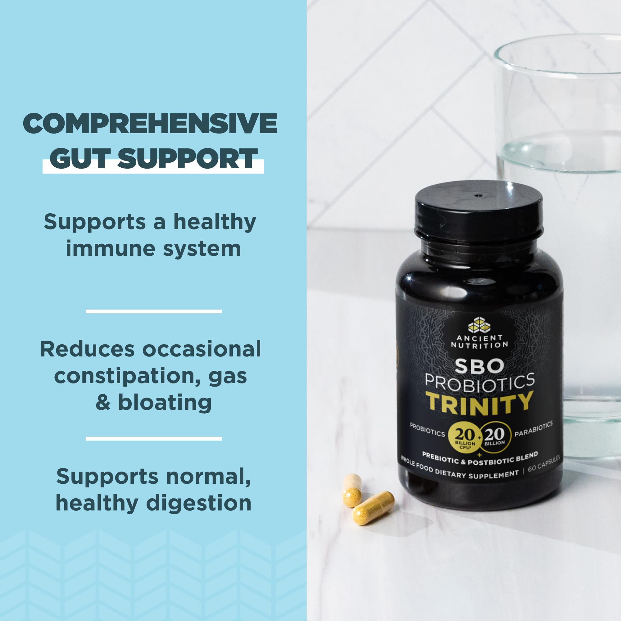 Label detail of Ancient Nutrition SBO Probiotic Trinity showing 40B CFU blend.