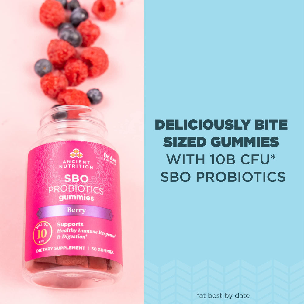 Jar open with Berry Gummies from Ancient Nutrition SBO Probiotics.