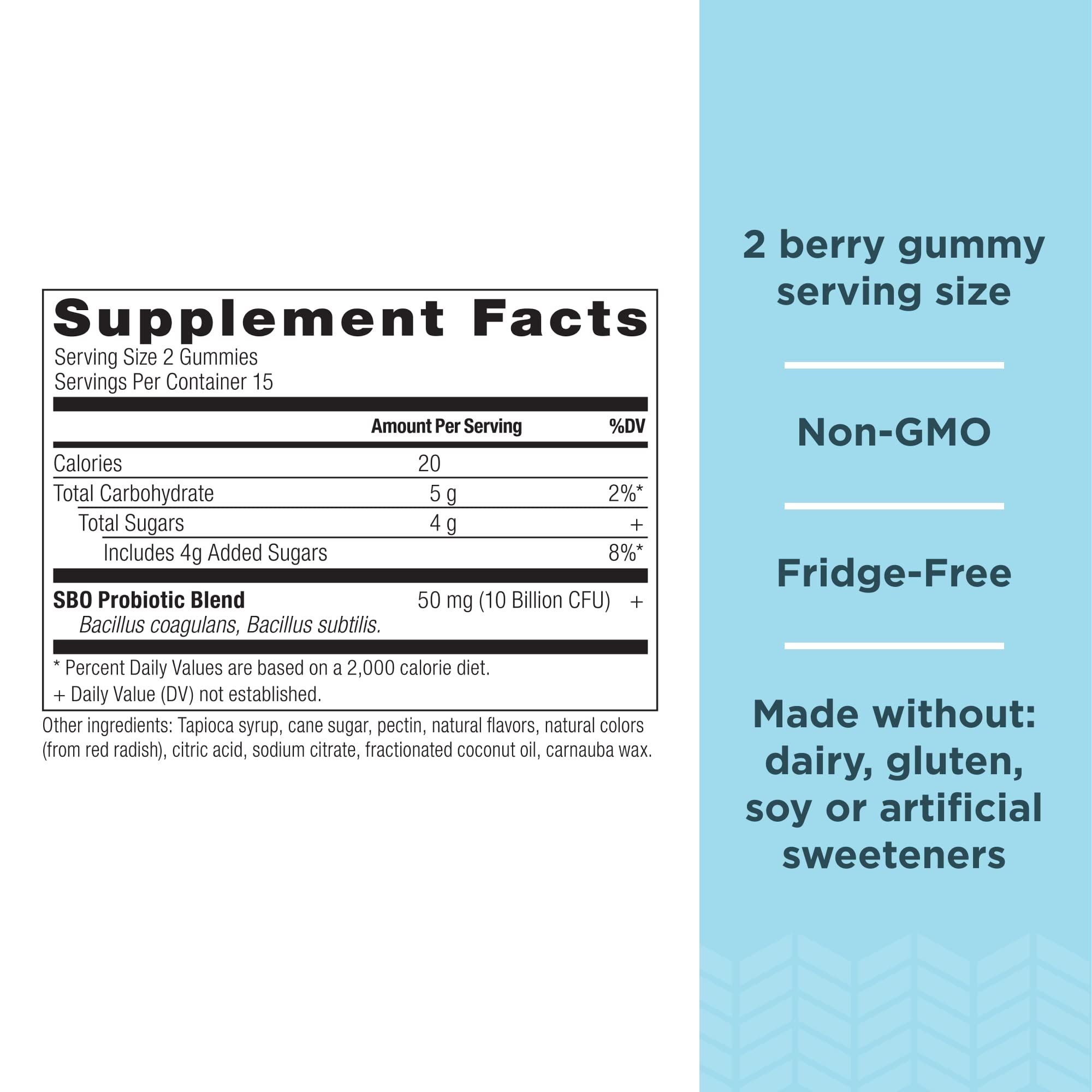 Close-up of Ancient Nutrition berry gummies label for convenient probiotic use.