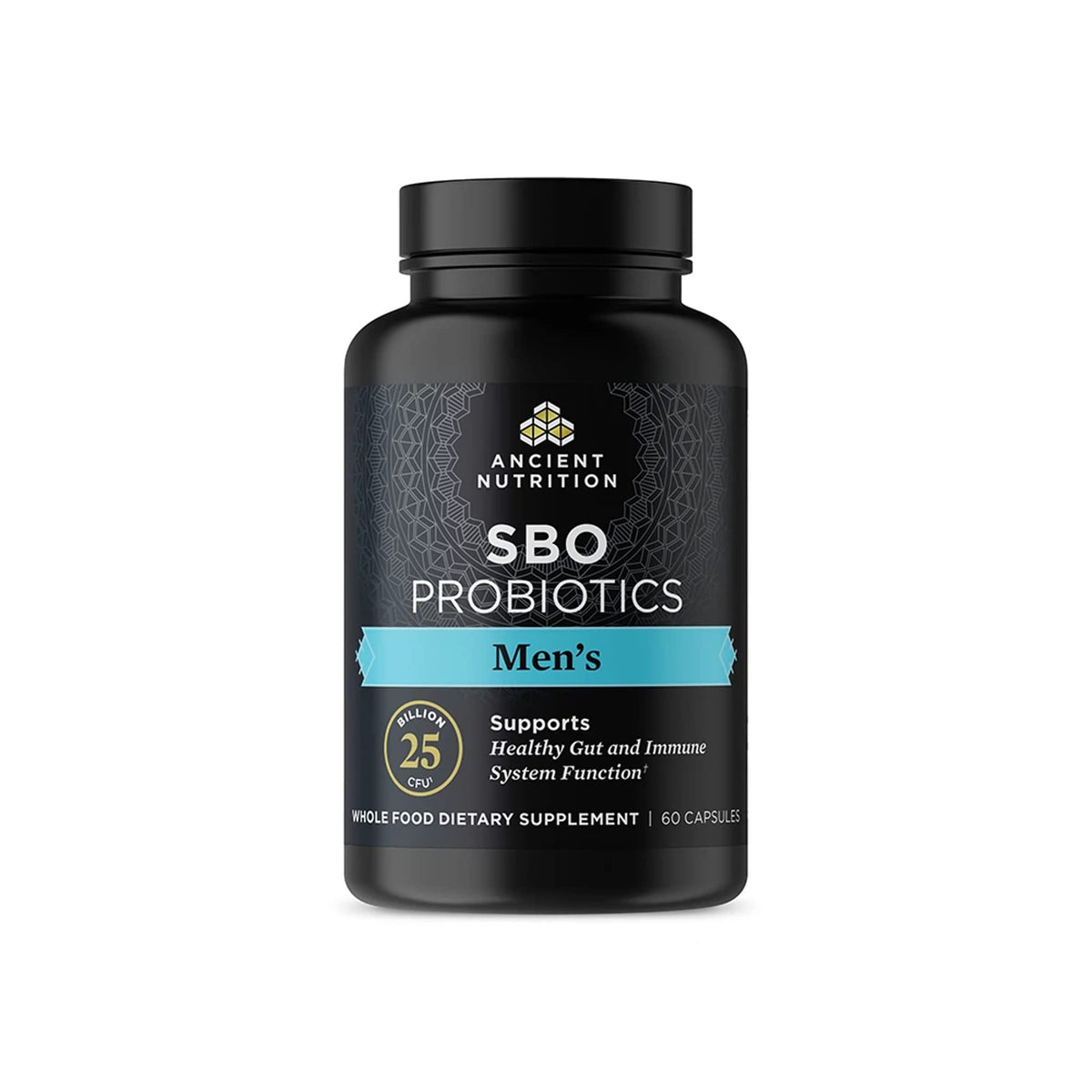 Ancient Nutrition SBO Probiotics for Men bottle with 60 capsules for gut support.