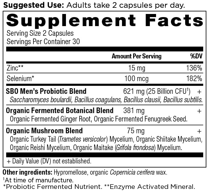 SBO Probiotics Men capsules close-up showing 25 billion CFU.