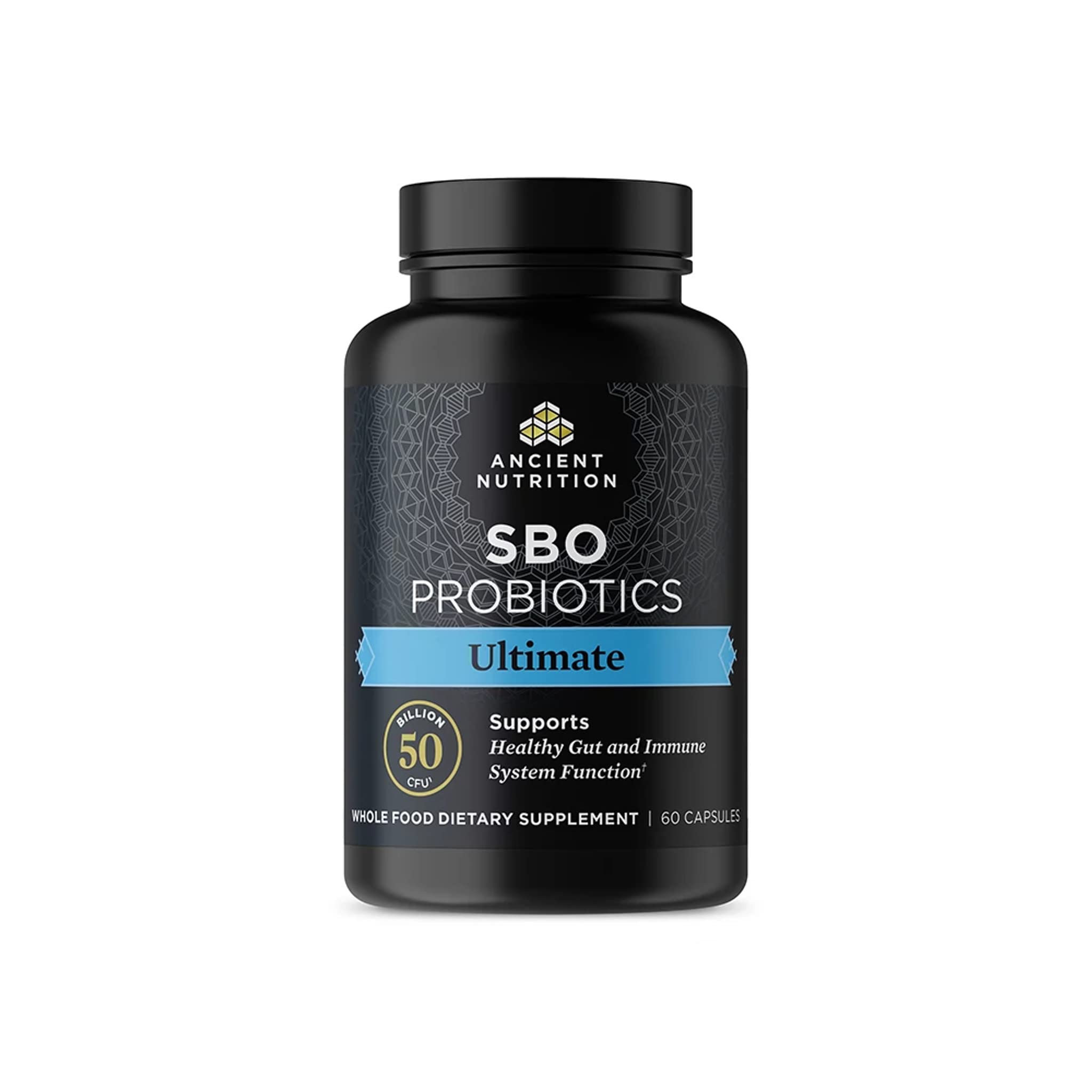 Ancient Nutrition SBO Probiotics Ultimate bottle pour highlighting label and potential digestive support