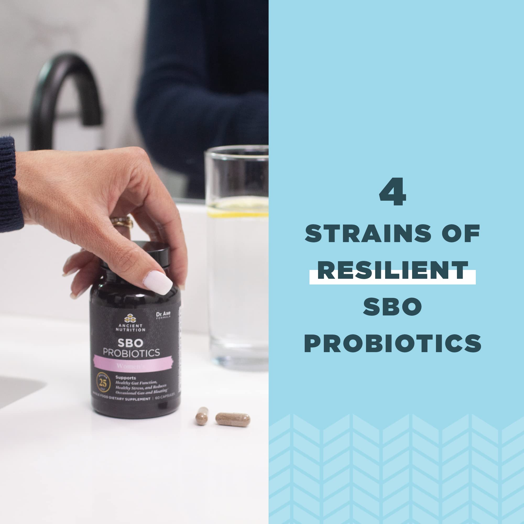 Ancient Nutrition SBO Probiotics Women's capsules arranged on countertop for daily routine