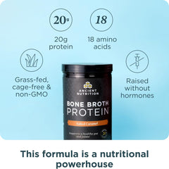 Scoop of Ancient Nutrition bone broth protein shows 19g protein per serving.