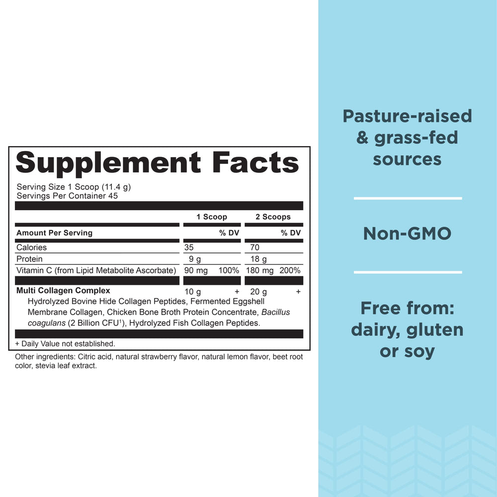 Ancient Nutrition collagen canister with strawberry lemonade flavor brightens daily routine.