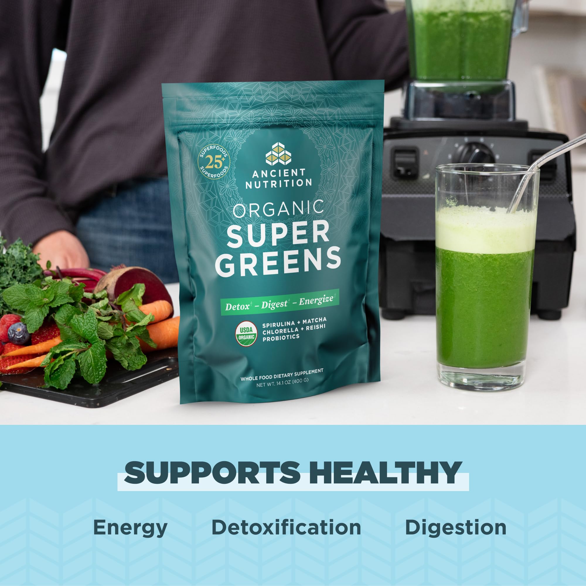 Ancient Nutrition Super Greens ingredients in a glass bowl for vibrant smoothies.