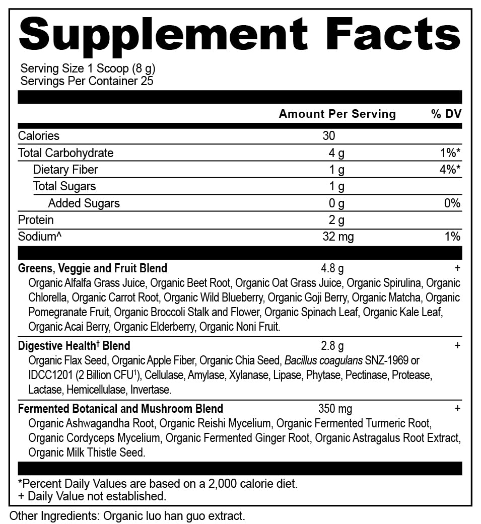 Ingredient lineup including spirulina, chlorella, and matcha in one blend.