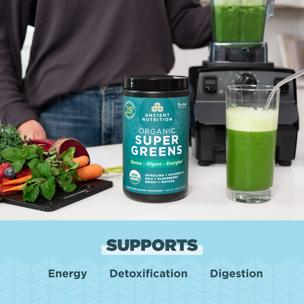 Scoop of Ancient Nutrition Super Greens ready to mix for easy daily greens.