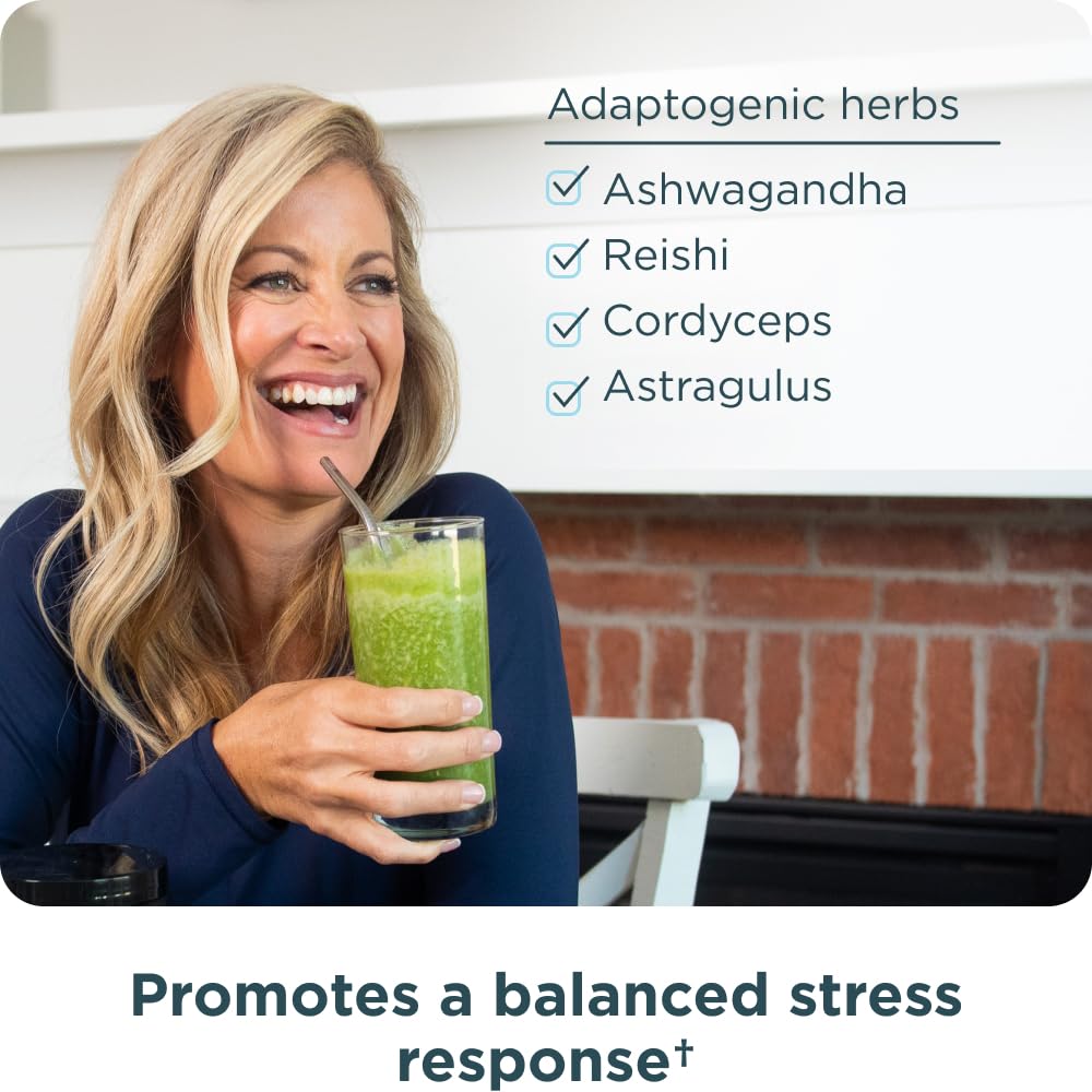 Glass of Ancient Nutrition Super Greens shake shows fresh, inviting color.
