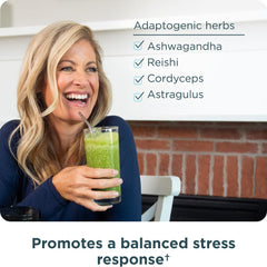 Glass of Ancient Nutrition Super Greens shake shows fresh, inviting color.