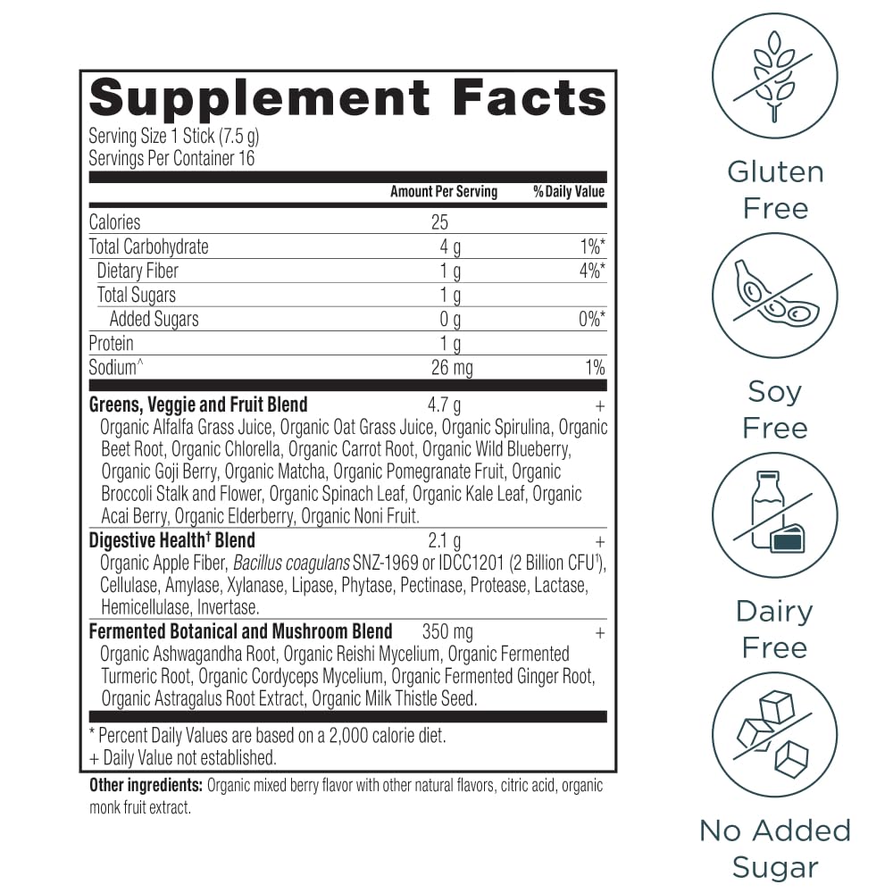 Ancient Nutrition SuperGreens berry flavor close-up showing vibrant powder.