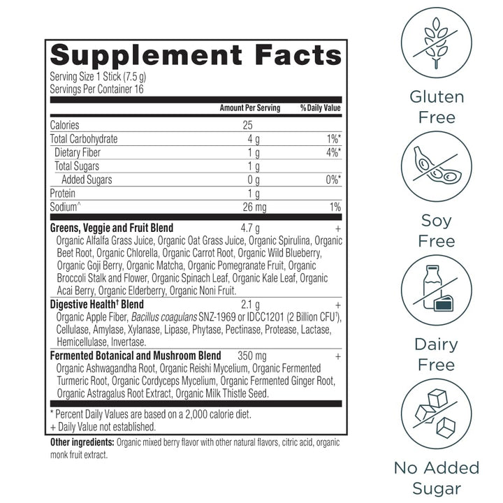 Ancient Nutrition SuperGreens berry flavor close-up showing vibrant powder.