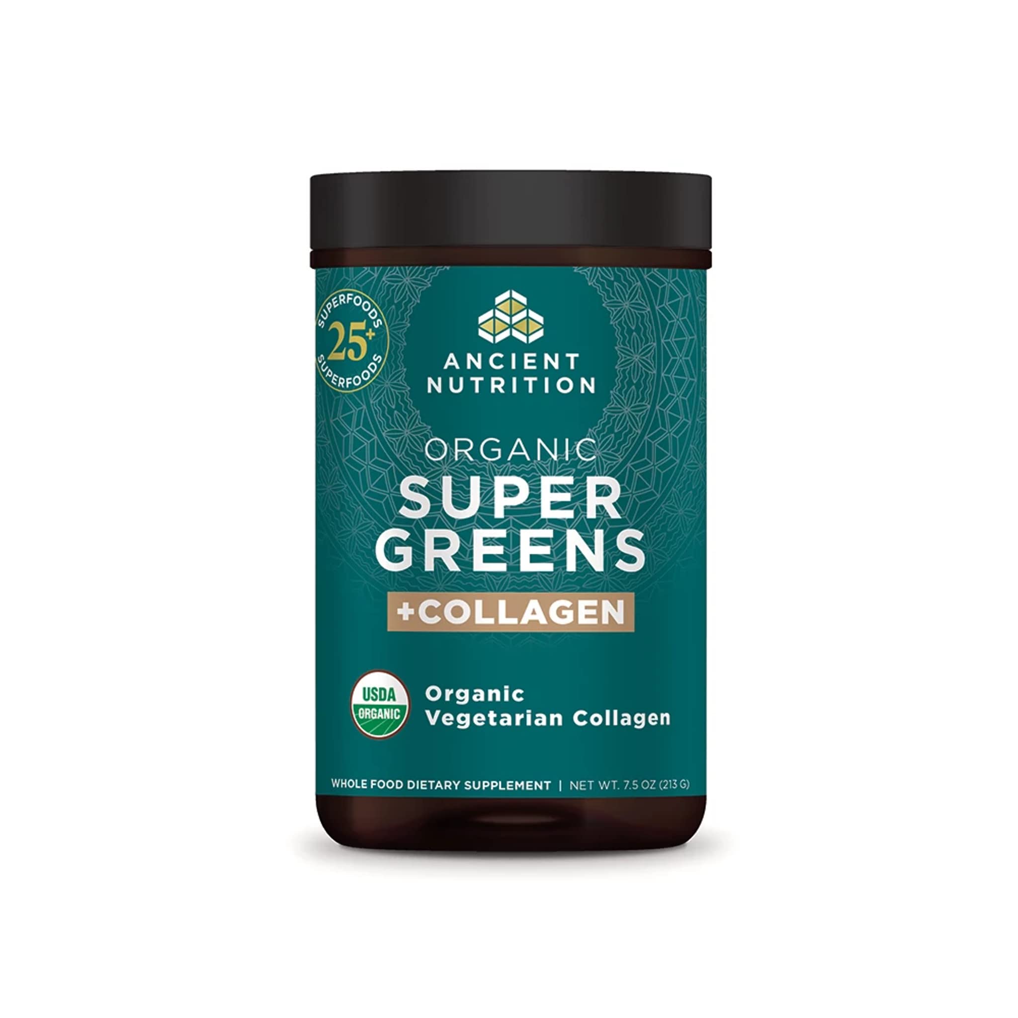 Ancient Nutrition Supergreens bottle view; supports daily greens routine.