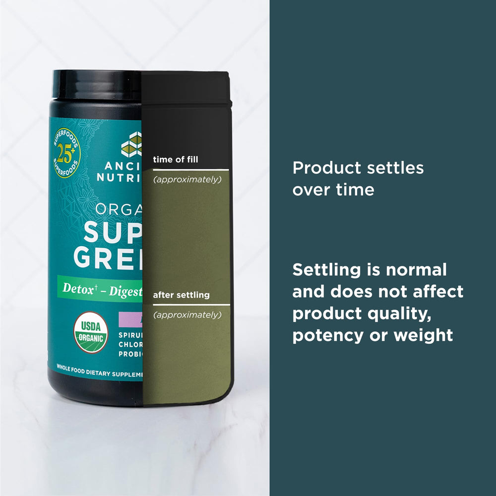 Ancient Nutrition SuperGreens daily-use scoop in smoothie illustrates convenient nutrition.