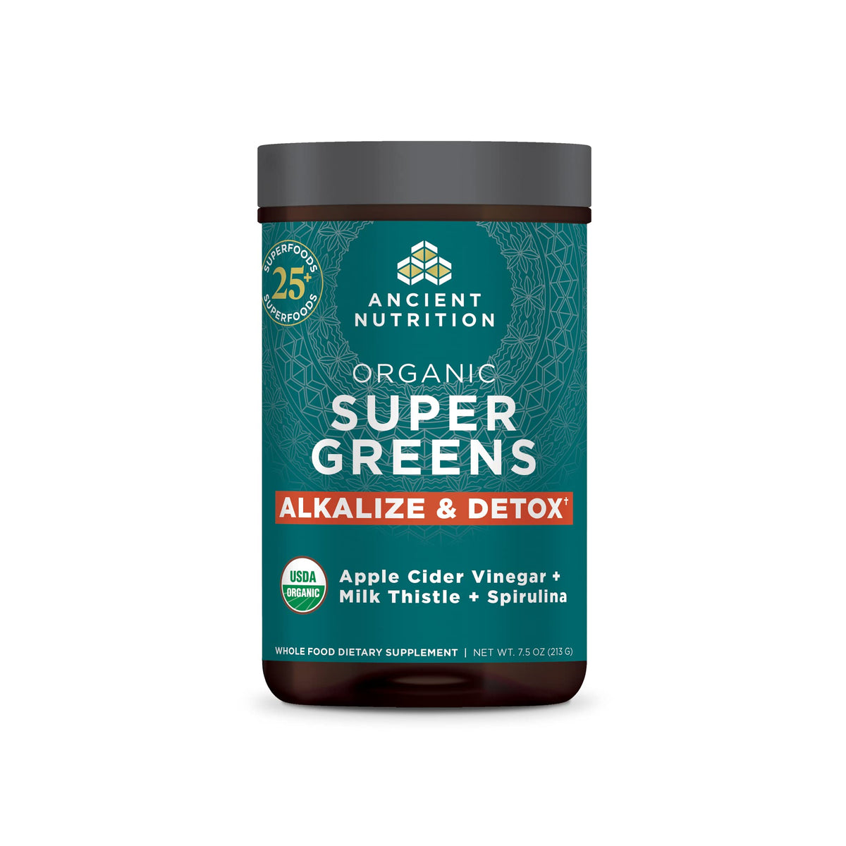Ancient Nutrition Supergreens detox-alkalize tub with label, ready for daily detox.