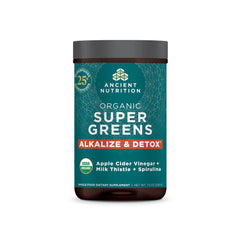 Ancient Nutrition Supergreens detox-alkalize tub with label, ready for daily detox.
