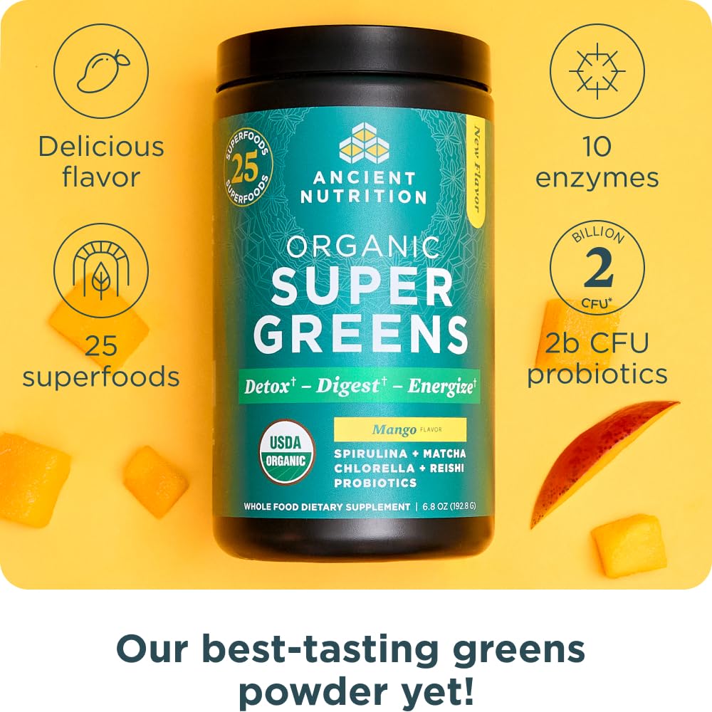 Ancient Nutrition SuperGreens digestive blend ingredients panel on packaging.