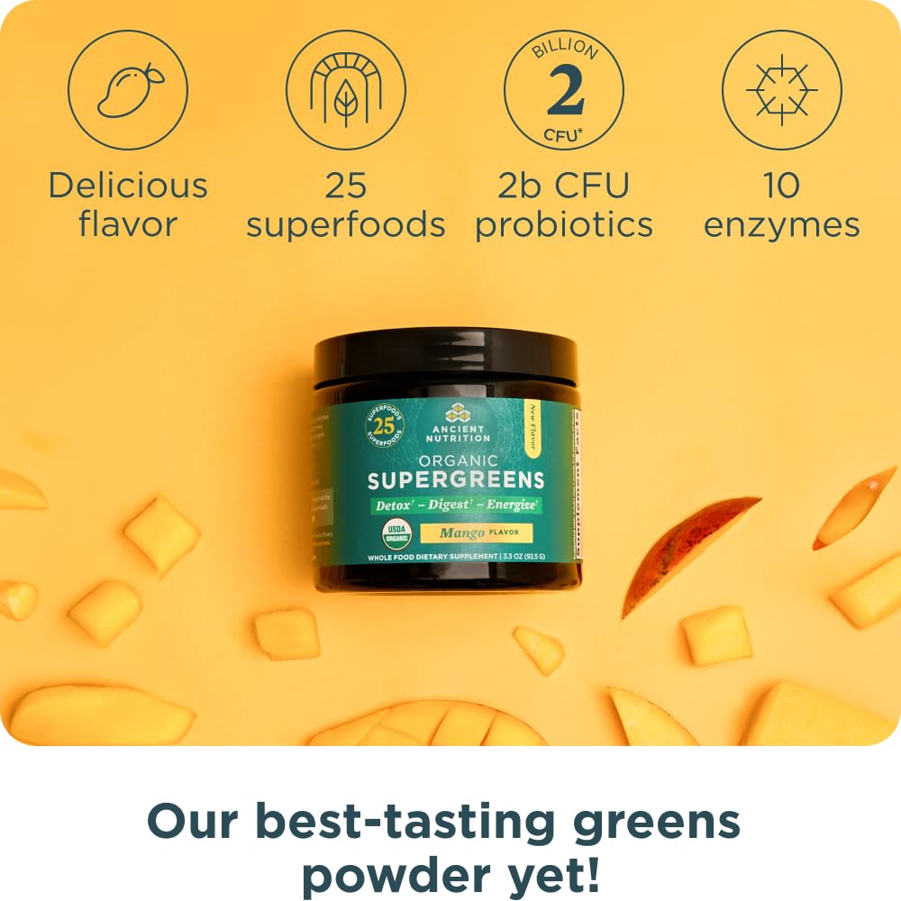 Ancient Nutrition SuperGreens scoop in powder form for convenient daily greens mix.