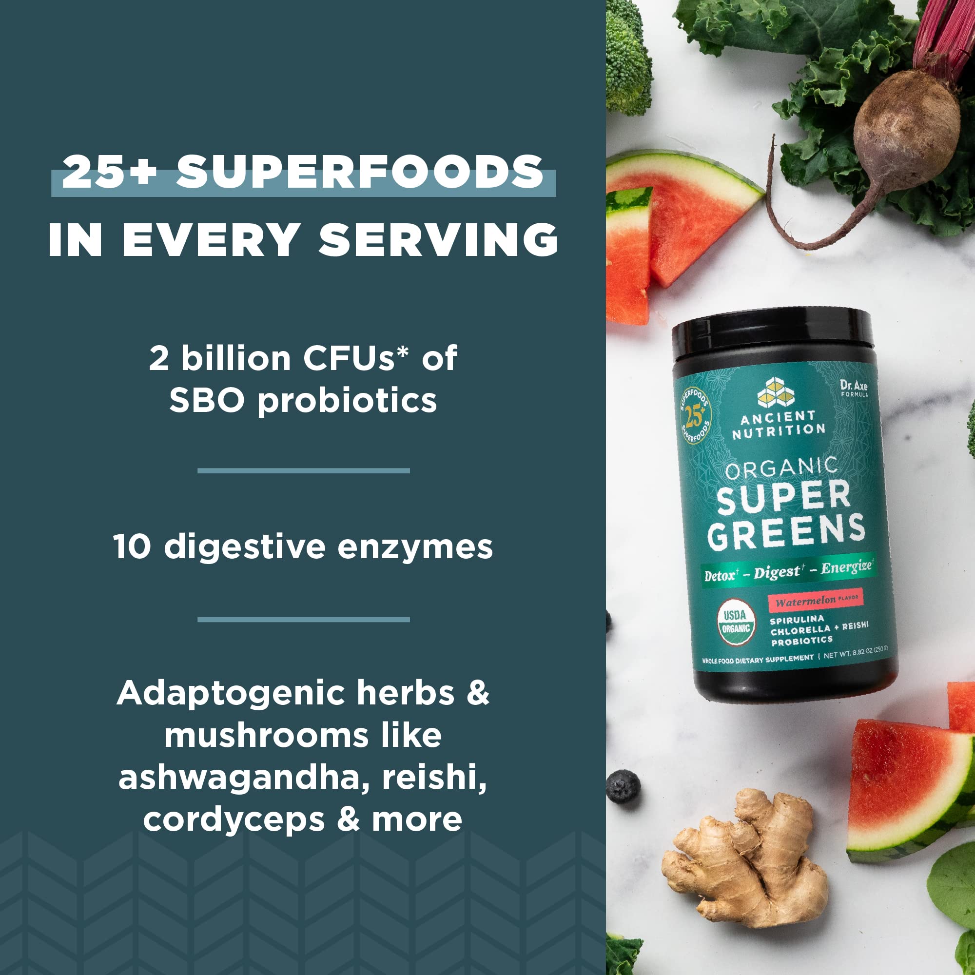 Ancient Nutrition SuperGreens dissolving in water demonstrates easy daily greens intake.