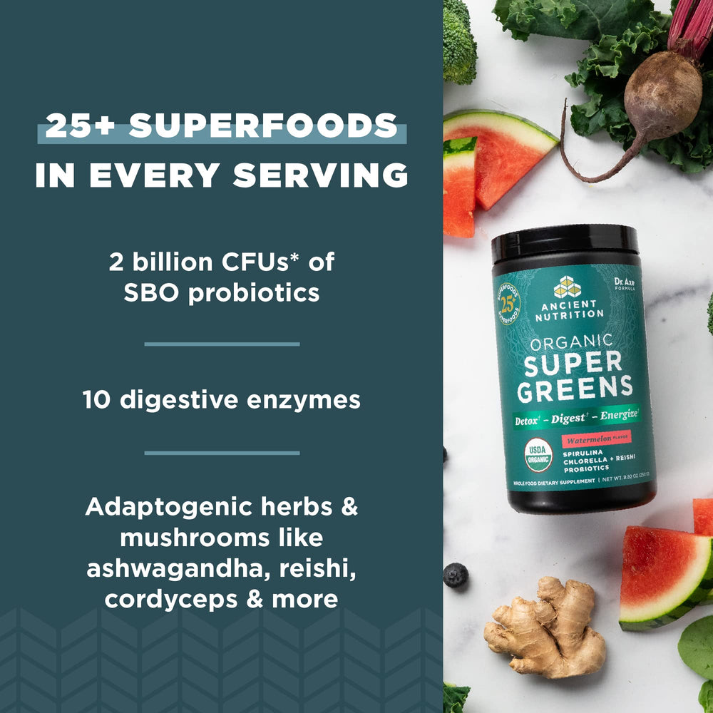 Ancient Nutrition SuperGreens dissolving in water demonstrates easy daily greens intake.