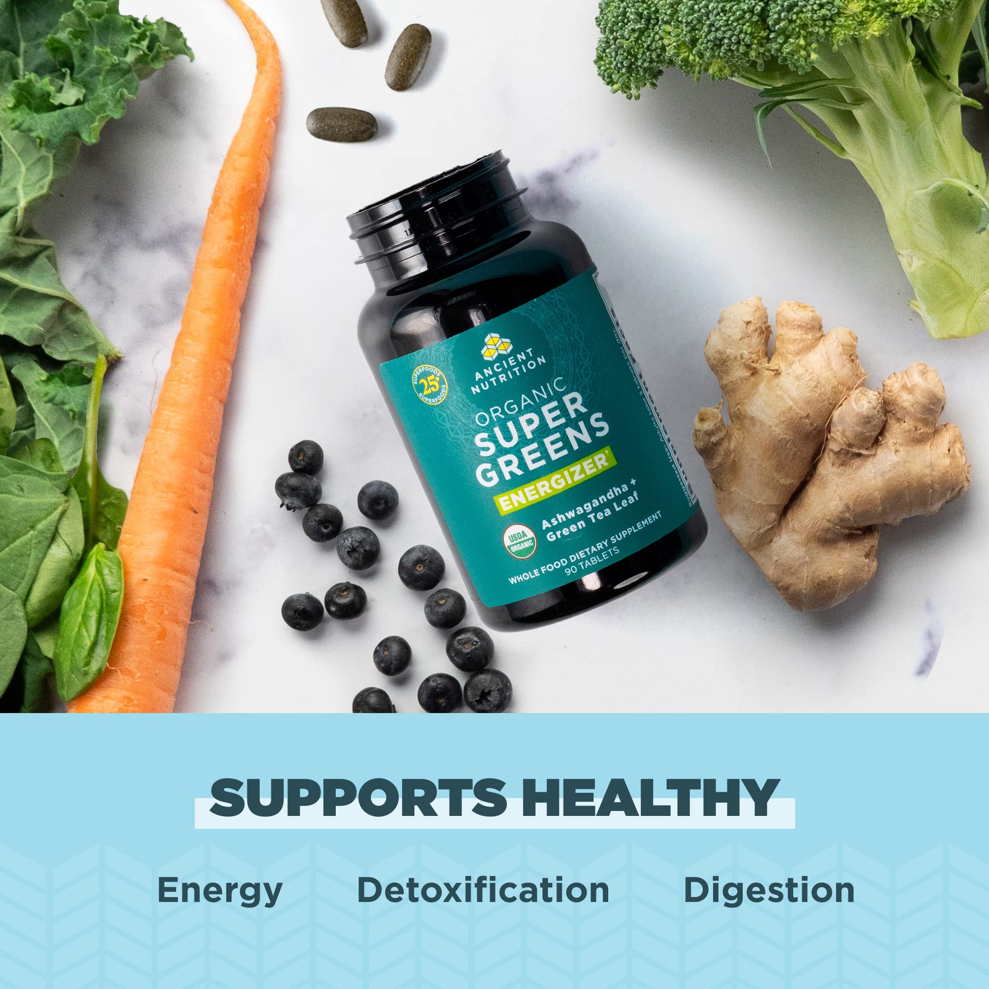 Ancient Nutrition Supergreens Energizer Tablets label highlighting caffeine content for alertness