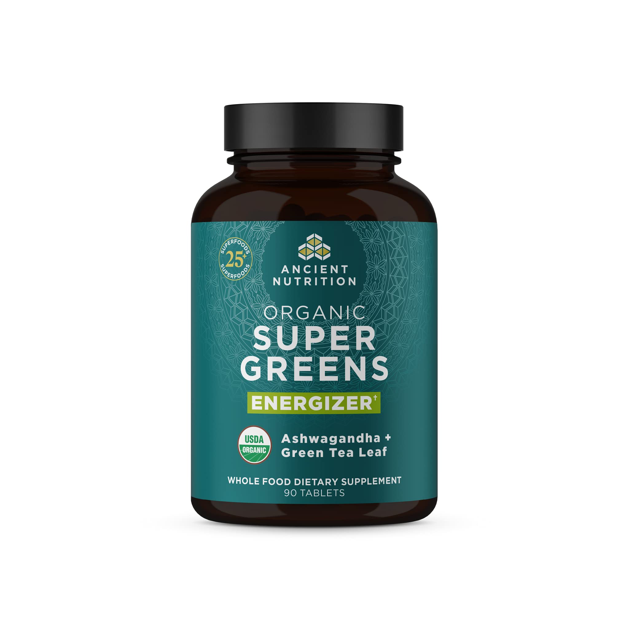Ancient Nutrition Supergreens Energizer Tablets pack shot for convenient daily energy