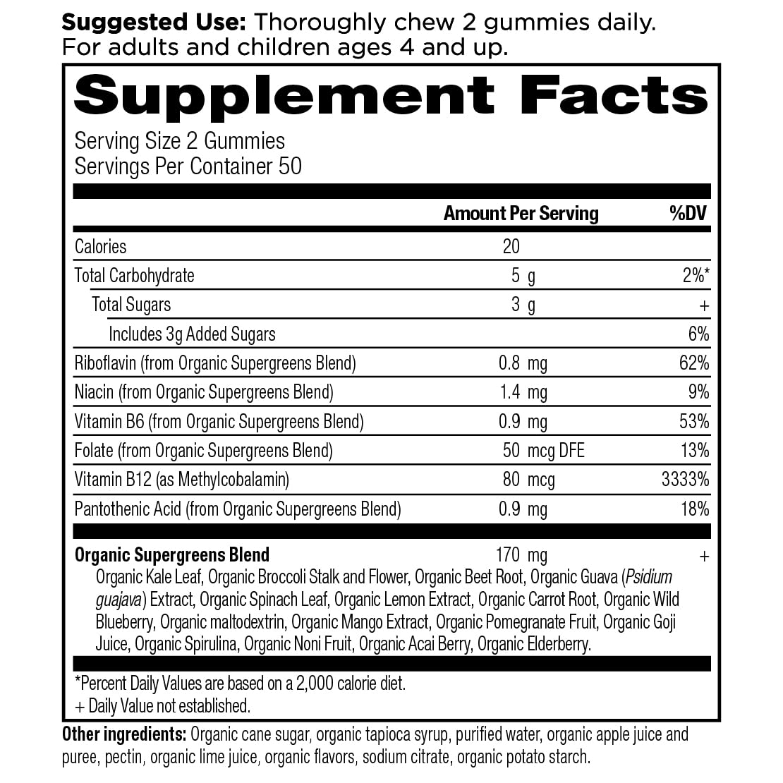 Ancient Nutrition Supergreens Gummy ingredients with spirulina and berries for vitality.