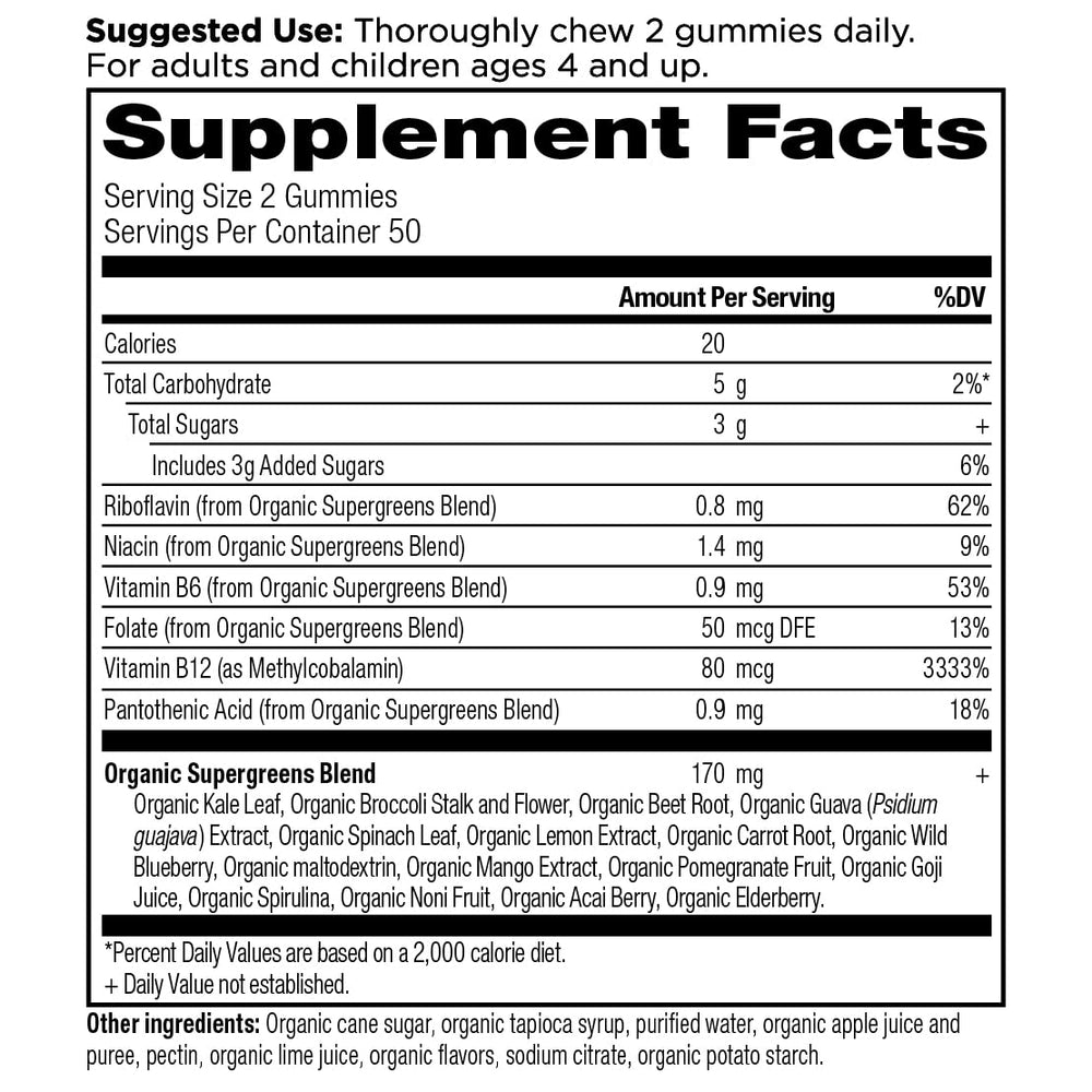 Ancient Nutrition Supergreens Gummy ingredients with spirulina and berries for vitality.