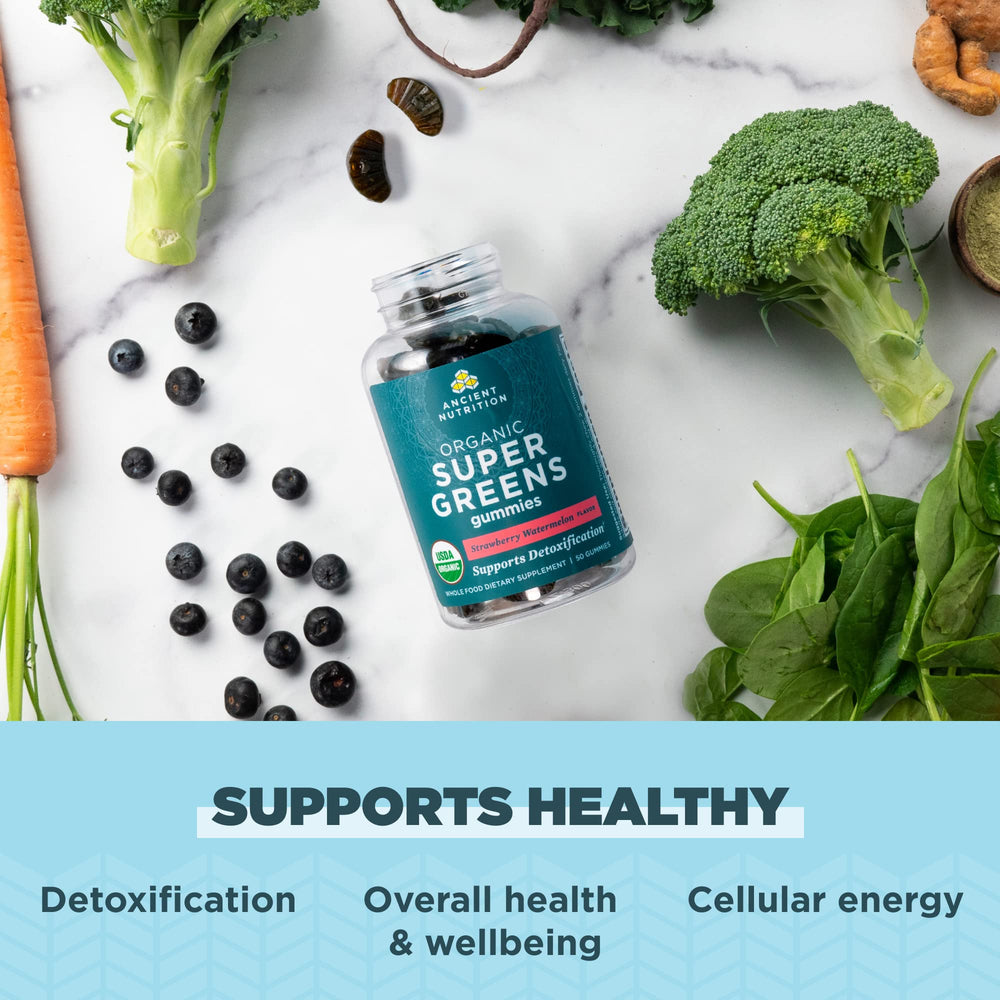 On-the-go serving pouch of Ancient Nutrition Supergreens Gummy for convenient daily greens.