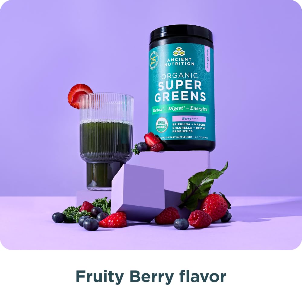 Ancient Nutrition SuperGreens ingredient list emphasizes fruits, vegetables, herbs.