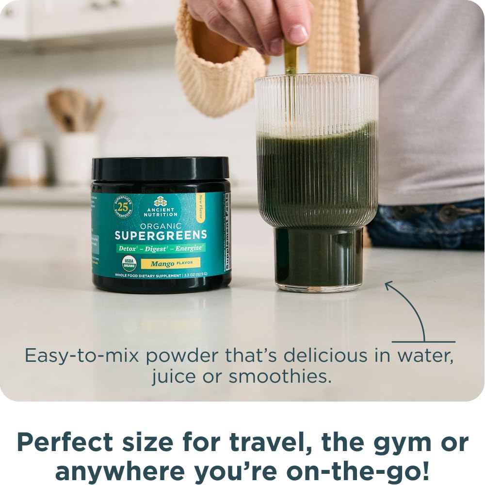 Ancient Nutrition Mango-flavored SuperGreens dissolves in water for a tasty morning shake.